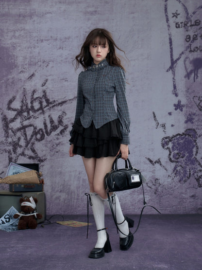 Stand collar Neck Belt Checkered Ruffle Long Sleeve Shirt【s0000011927】