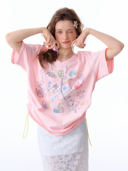 Cartoon Print Pattern V-Neck Short Sleeve T-Shirt【s0000011914】