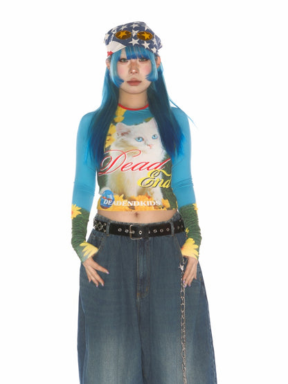 Cat Pattern Graphic Long sleeved Cropped T-Shirt【s0000011788】