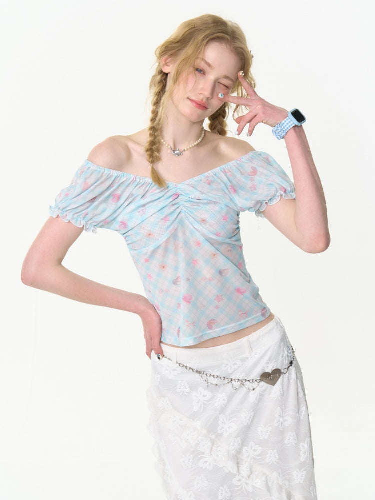 Big Gather V-Neck Plaid Puff Sleeve T-Shirt【s0000013005】