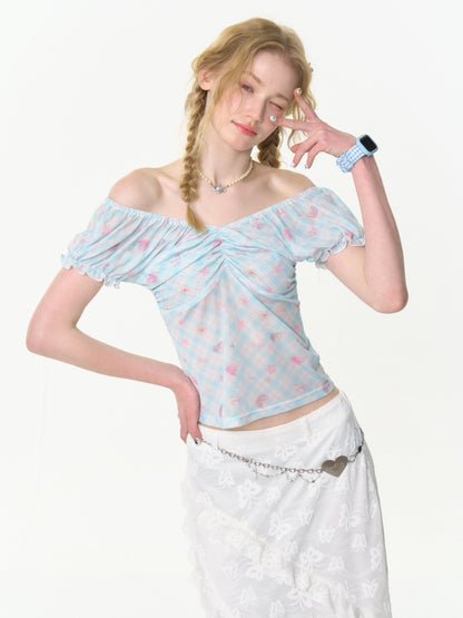 Big Gather V-Neck Plaid Puff Sleeve T-Shirt【s0000013005】