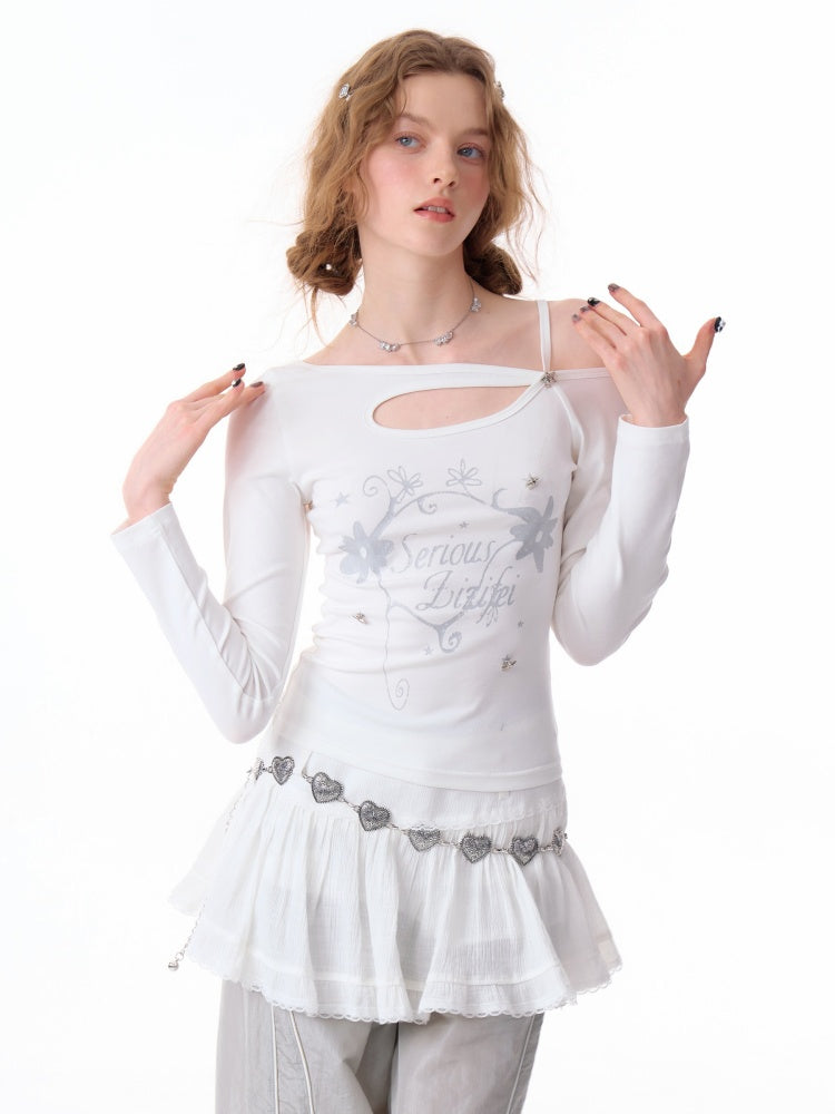 Cut Out Off Shoulder Irregular Neckline Long Sleeved T-Shirt【s0000011754】