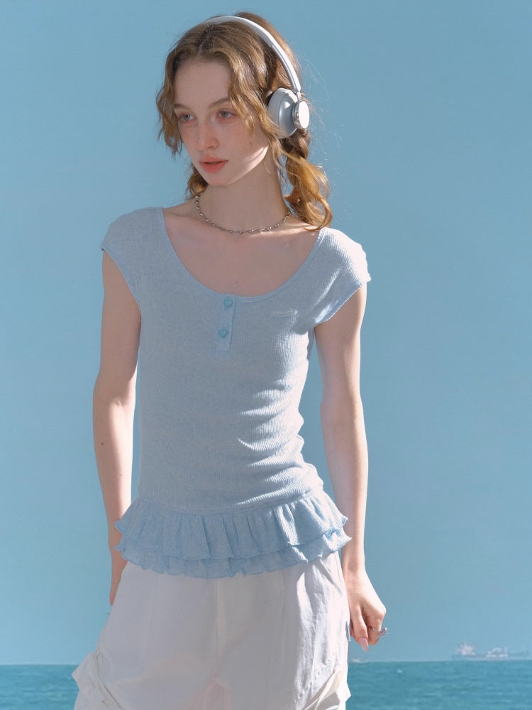 Ruffle Hem Henley Neck French Sleeve T-Shirt 【s0000013006】