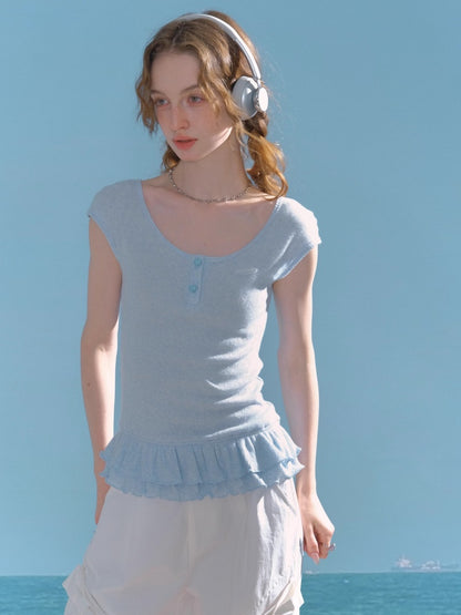 Ruffle Hem Henley Neck French Sleeve T-Shirt 【s0000013006】