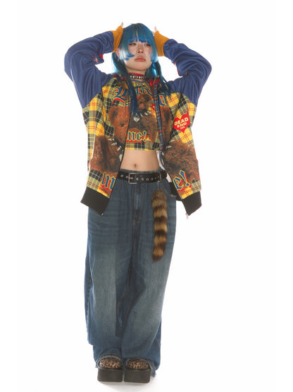 Punk Bear Panel Checked Pattern Raglan Sleeve Zip-Up Hoodie【s0000011791】