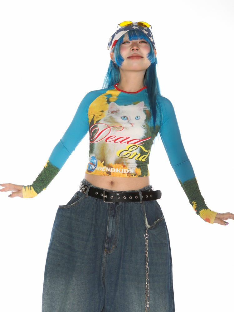 Cat Pattern Graphic Long sleeved Cropped T-Shirt【s0000011788】