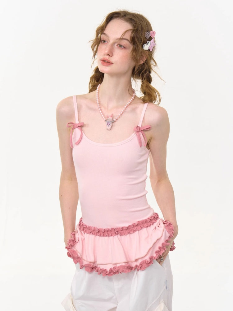 Ruffle Lace Pleated Hem Bow Camisole【s0000013008】