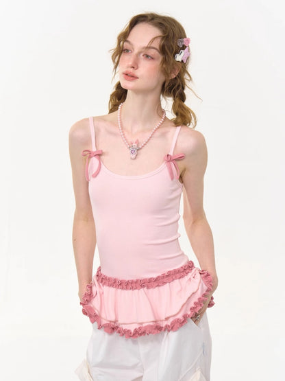 Ruffle Lace Pleated Hem Bow Camisole【s0000013008】