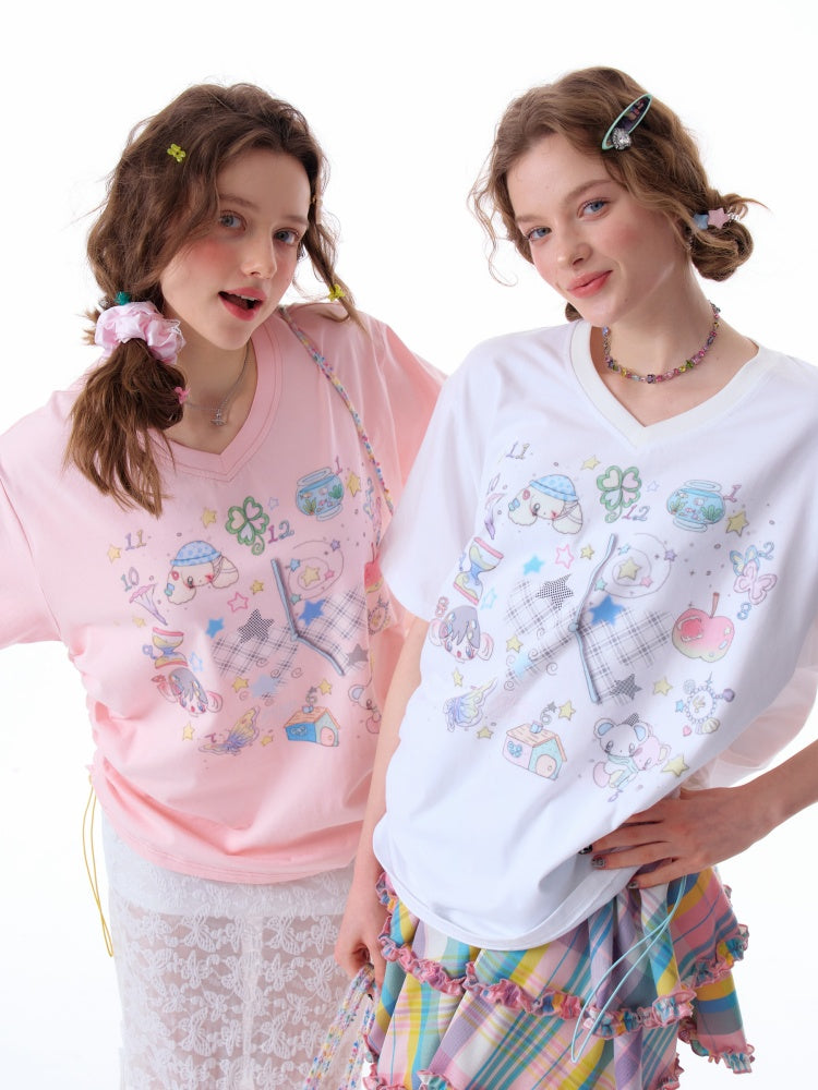 Cartoon Print Pattern V-Neck Short Sleeve T-Shirt【s0000011914】
