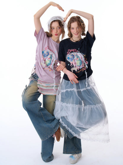 Rabbit Print Three Dimensional Lace Loose Crew Neck Short Sleeve T-Shirt【s0000011755】