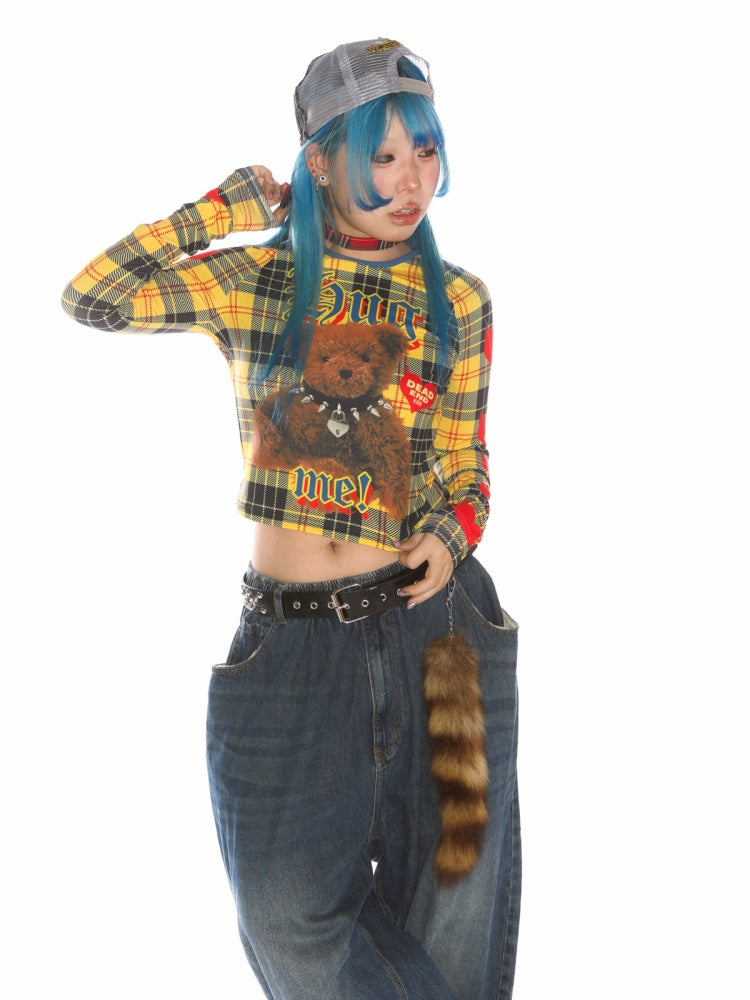 Teddy Bear Graphic Check Long Sleeve Cropped T-Shirt【s0000011777】