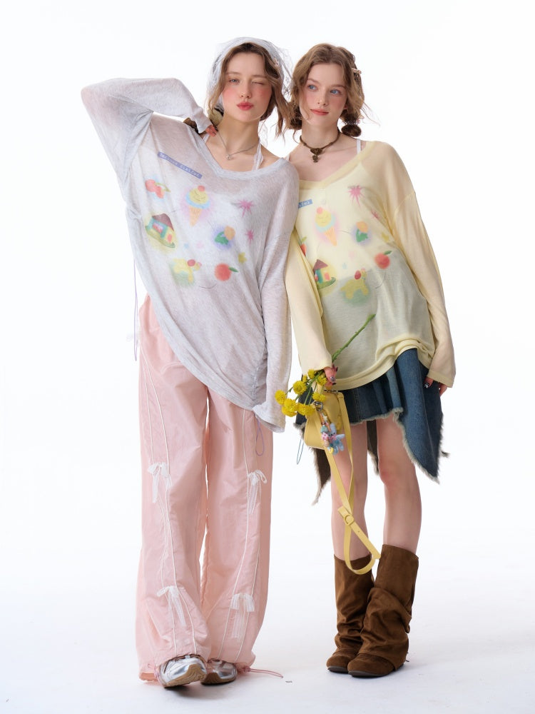 Drawstring Print Semi Sheer Loose V-Neck Long Sleeved T-Shirt【s0000011751】