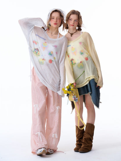 Drawstring Print Semi Sheer Loose V-Neck Long Sleeved T-Shirt【s0000011751】