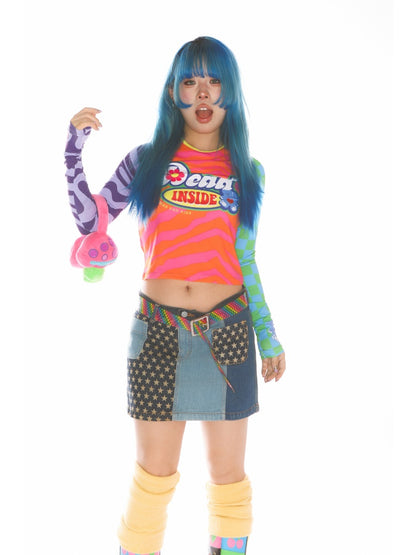 Y2K Dopamine Color Blocked Print Long sleeved T-Shirt【s0000011785】