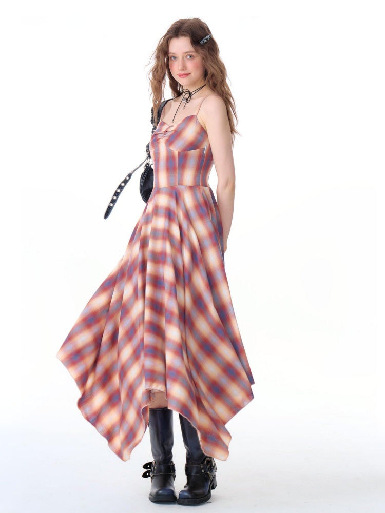 Cinched Waist Red Check Irregular Suspender Dress【s0000011911】