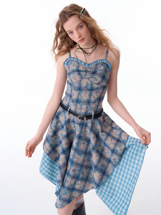 Asymmetric Hem Gingham Check Pattern Flare Camisole Dress【s0000011749】
