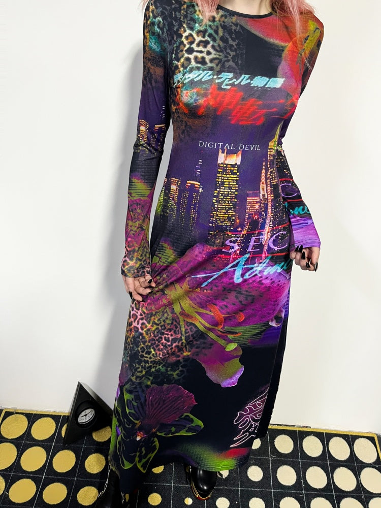 Leopard & Floral Print Long Sleeve A-Line Flare Dress【s0000011780】