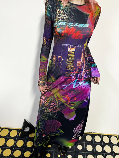 Leopard & Floral Print Long Sleeve A-Line Flare Dress【s0000011780】