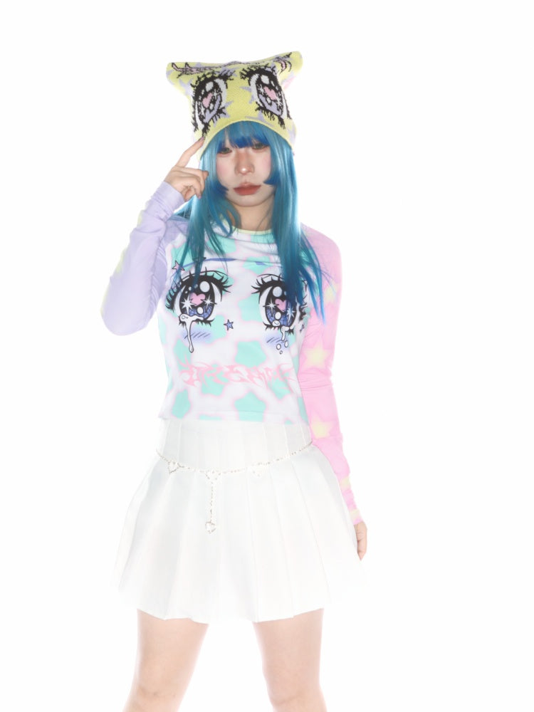 Comic Eye Two-Dimensional Subculture Star Color-Blocked Long Sleeve T-Shirt【s0000011789】