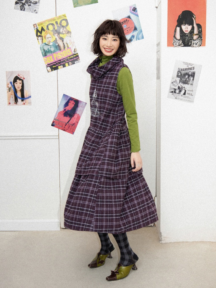 Plaid Embroidery Sleeveless Tiered Long Dress【s0000011898】