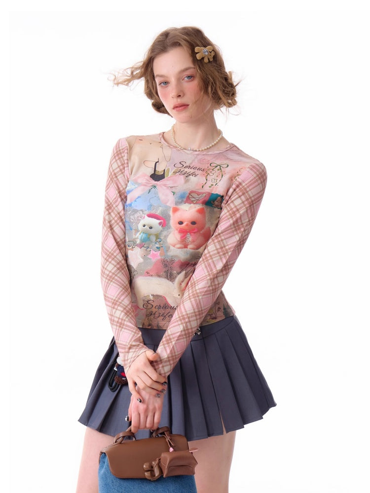 Pink Check Rabbit Print Slim Long Sleeved T-Shirt【s0000011921】