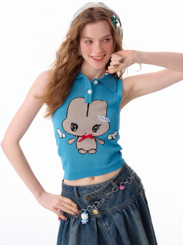 Cartoon Pattern Bow Polo Neck Knitted Vest【s0000011920】