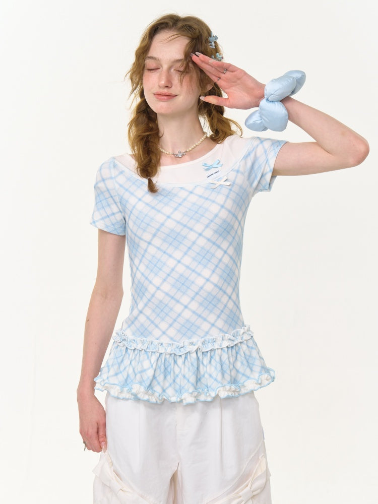 Ruffle Hem Faux Two Piece Bow Plaid Crew Neck Short Sleeve T-Shirt【s0000013004】