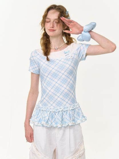 Ruffle Hem Faux Two Piece Bow Plaid Crew Neck Short Sleeve T-Shirt【s0000013004】