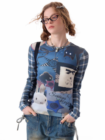 Animal Collage Print Glen Check Switch Slim Long Sleeved T-Shirt【s0000011752】