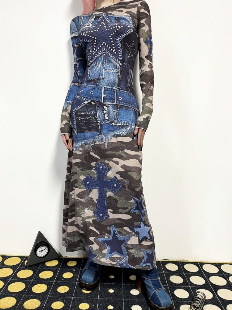 Camouflage & Denim Look Patchwork Long Sleeve Dress【s0000011778】