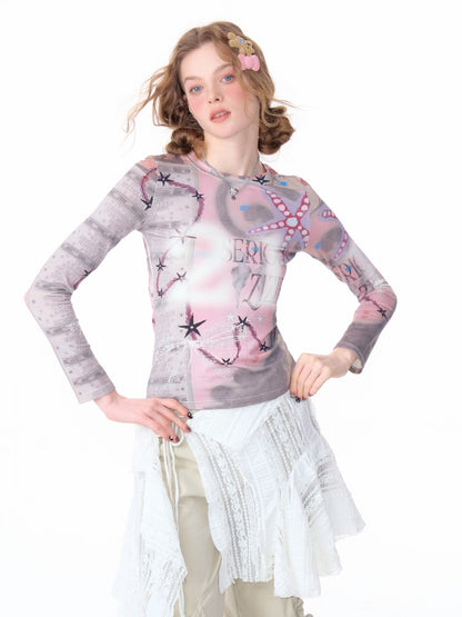 Star Digital Print Long Sleeve Numbering T-Shirt【s0000011760】