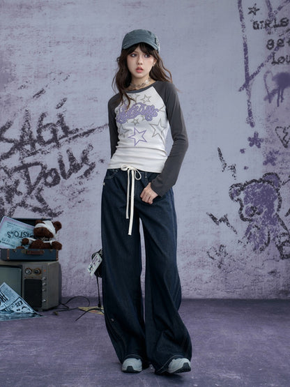 Star Print Raglan Shoulder Long Sleeve T-Shirt【s0000011929】