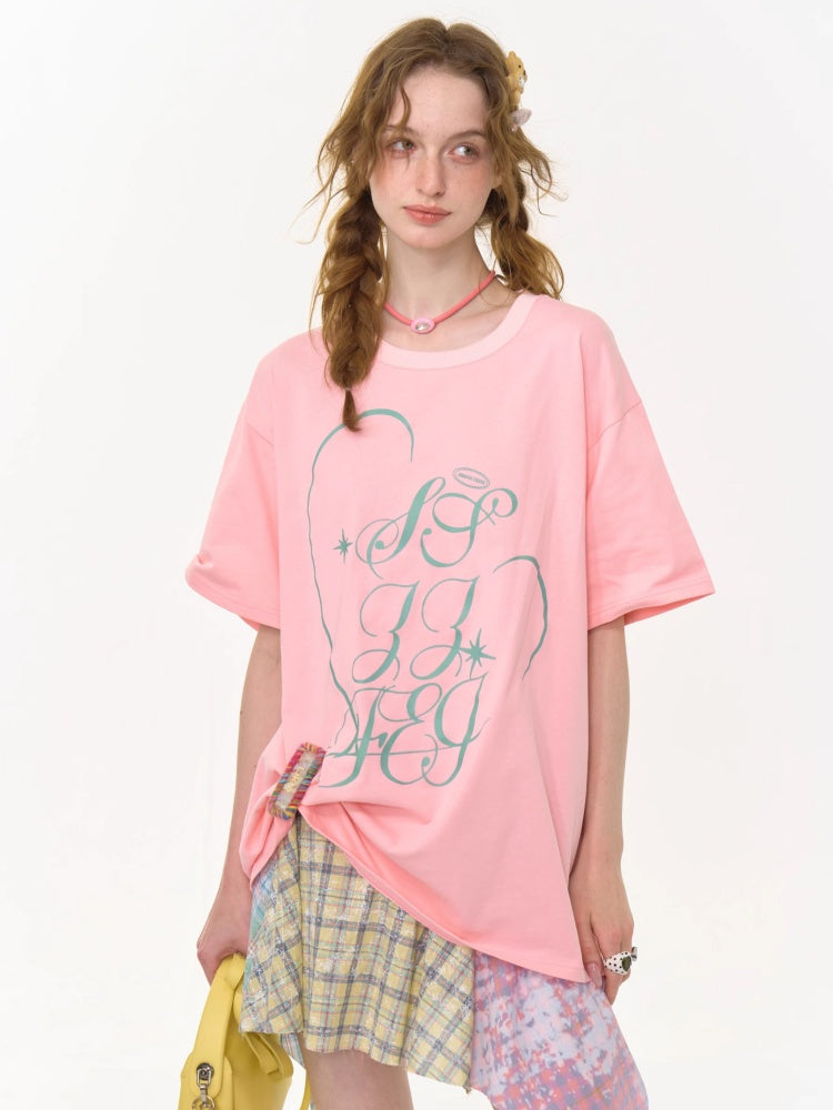 Letter Print Round Neck Loose Large Short Sleeve T-Shirt【s0000013009】