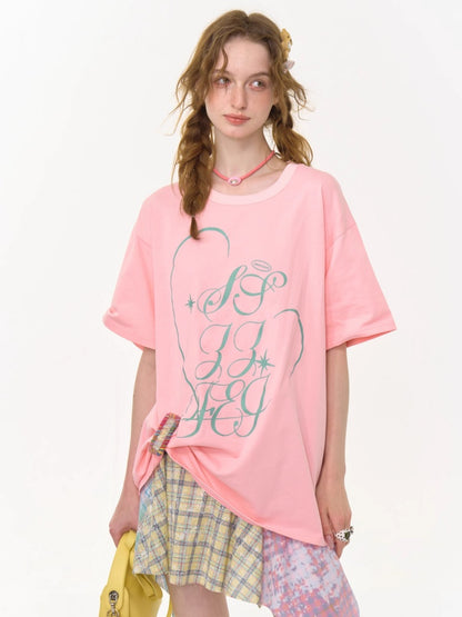 Letter Print Round Neck Loose Large Short Sleeve T-Shirt【s0000013009】