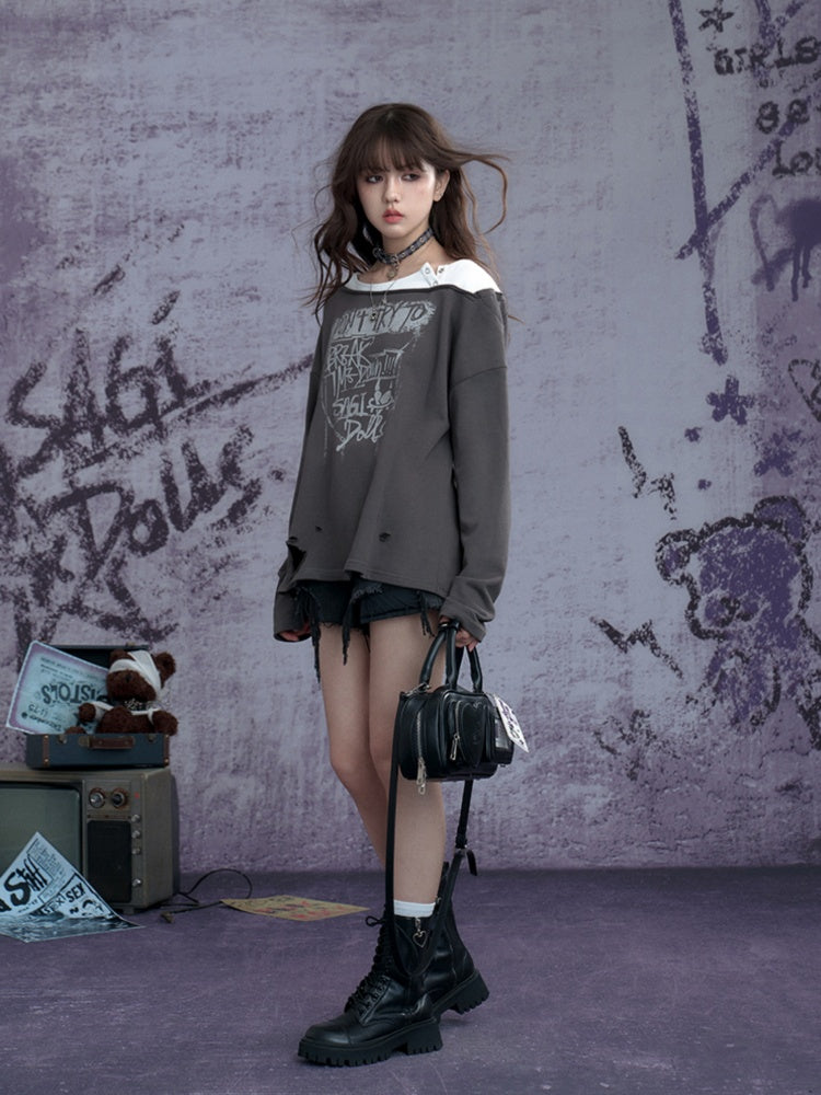 Distressed Hole Fake Two Long Sleeved Sweatshirt【s0000011923】