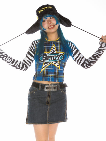 College Style Zebra & Check Print Long Sleeve Cropped T-Shirt【s0000011786】