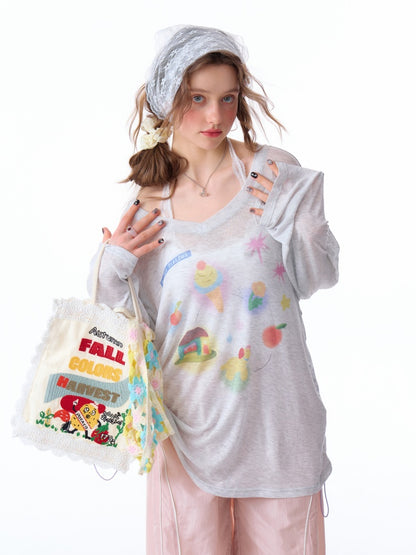 Drawstring Print Semi Sheer Loose V-Neck Long Sleeved T-Shirt【s0000011751】