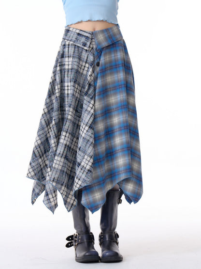 Irregular Contras Plaid High Waist Midi Long Skirt【s0000011753】