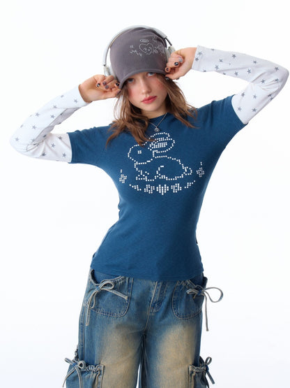Rabbit & Star Print Fake Layering Long Sleeve T-Shirt【s0000011750】