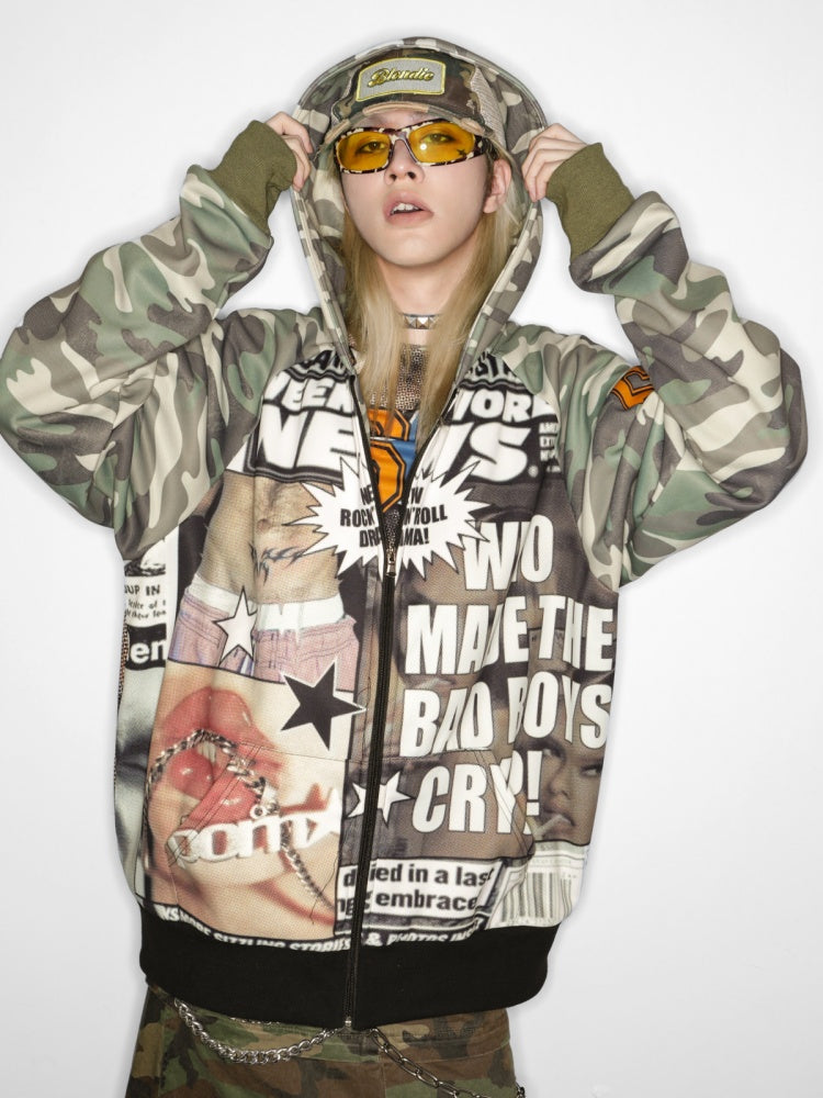 Camouflage Pattern Raglan Full Zip Oversized Hoodie Jacket 【s0000011776】