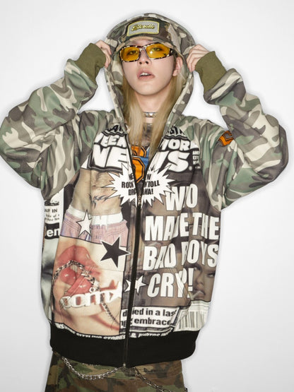 Camouflage Pattern Raglan Full Zip Oversized Hoodie Jacket 【s0000011776】