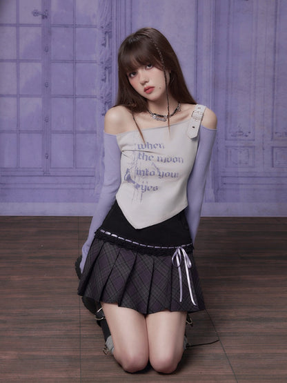 Graphic Print Off-Shoulder Long Sleeves Irregular T-Shirt 【s0000011934】