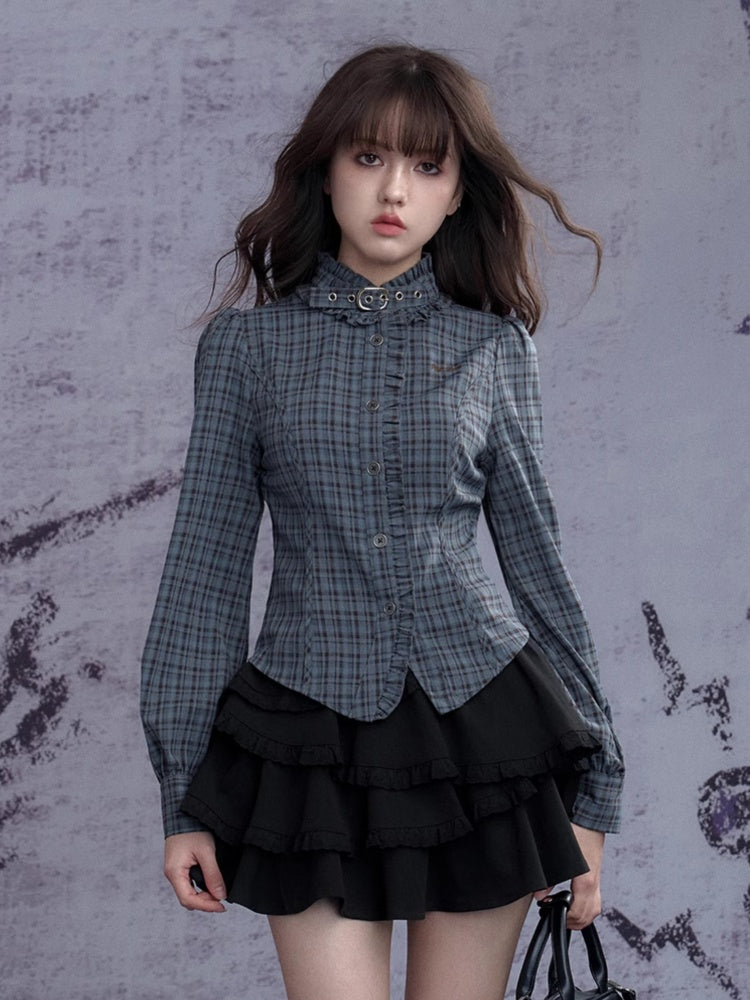 Stand collar Neck Belt Checkered Ruffle Long Sleeve Shirt【s0000011927】