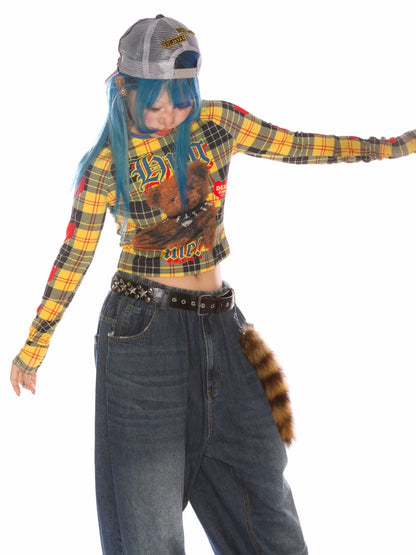 Teddy Bear Graphic Check Long Sleeve Cropped T-Shirt【s0000011777】