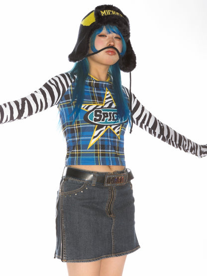College Style Zebra & Check Print Long Sleeve Cropped T-Shirt【s0000011786】