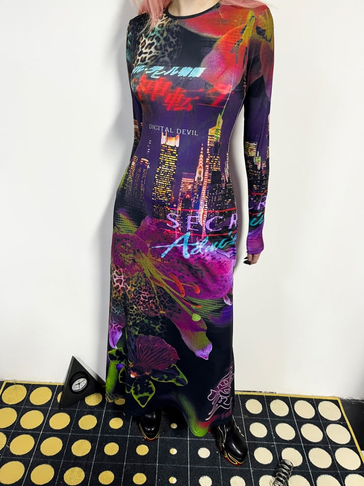 Leopard & Floral Print Long Sleeve A-Line Flare Dress【s0000011780】