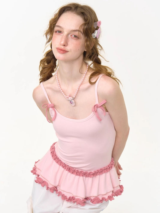 Ruffle Lace Pleated Hem Bow Camisole【s0000013008】