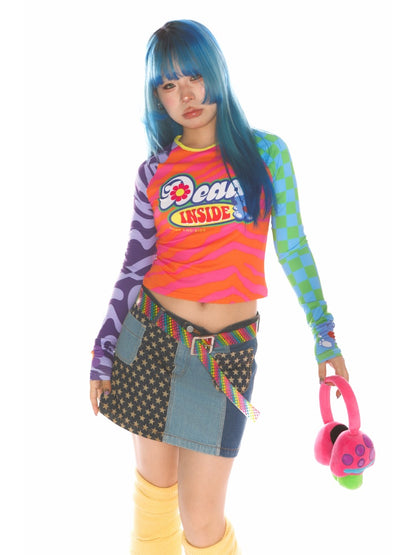 Y2K Dopamine Color Blocked Print Long sleeved T-Shirt【s0000011785】