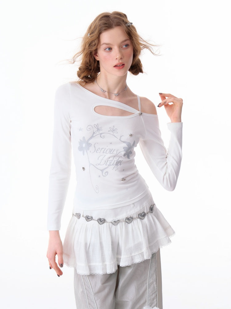 Cut Out Off Shoulder Irregular Neckline Long Sleeved T-Shirt【s0000011754】