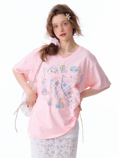 Cartoon Print Pattern V-Neck Short Sleeve T-Shirt【s0000011914】